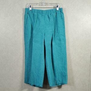 03582 Eileen Fisher green organic linen cropped wide leg pull on pants M